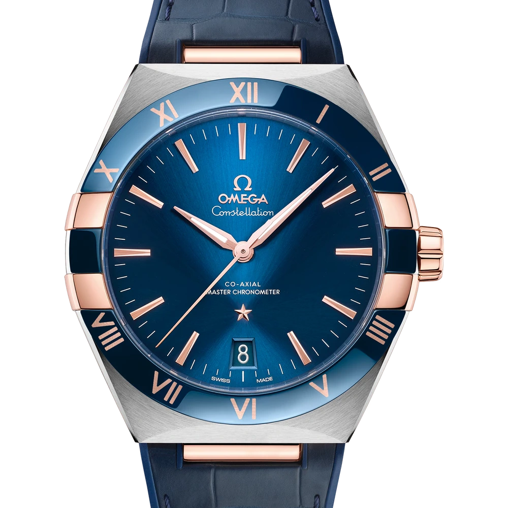 Omega 41 mm, steel - Sedna gold on leather strap