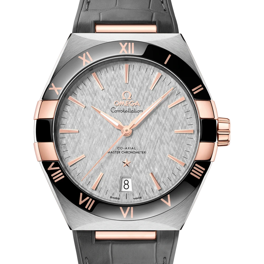 Omega 41 mm, steel - Sedna gold on leather strap