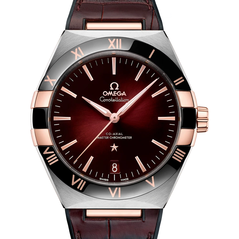 Omega 41 mm, steel - Sedna gold on leather strap