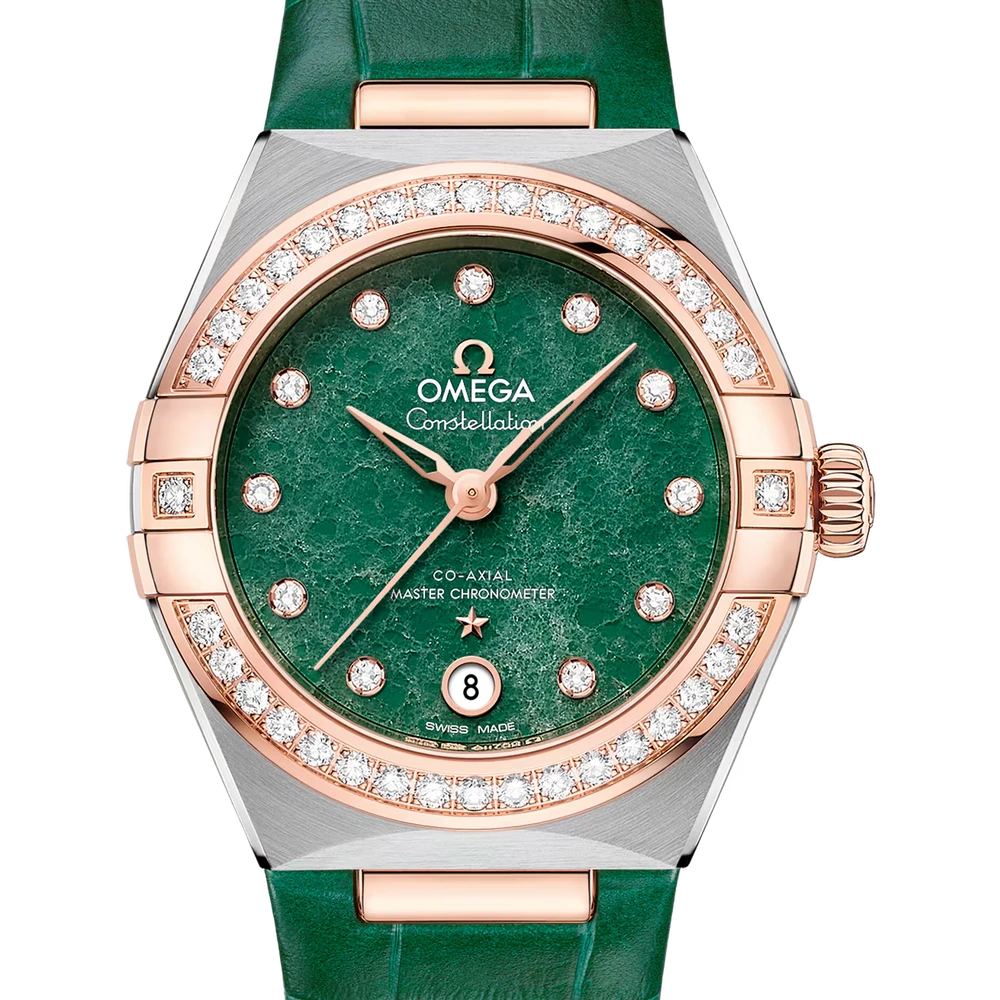Omega 29 mm, steel - Sedna gold on leather strap