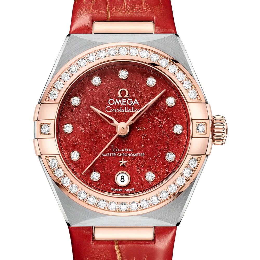 Omega 29 mm, steel - Sedna gold on leather strap