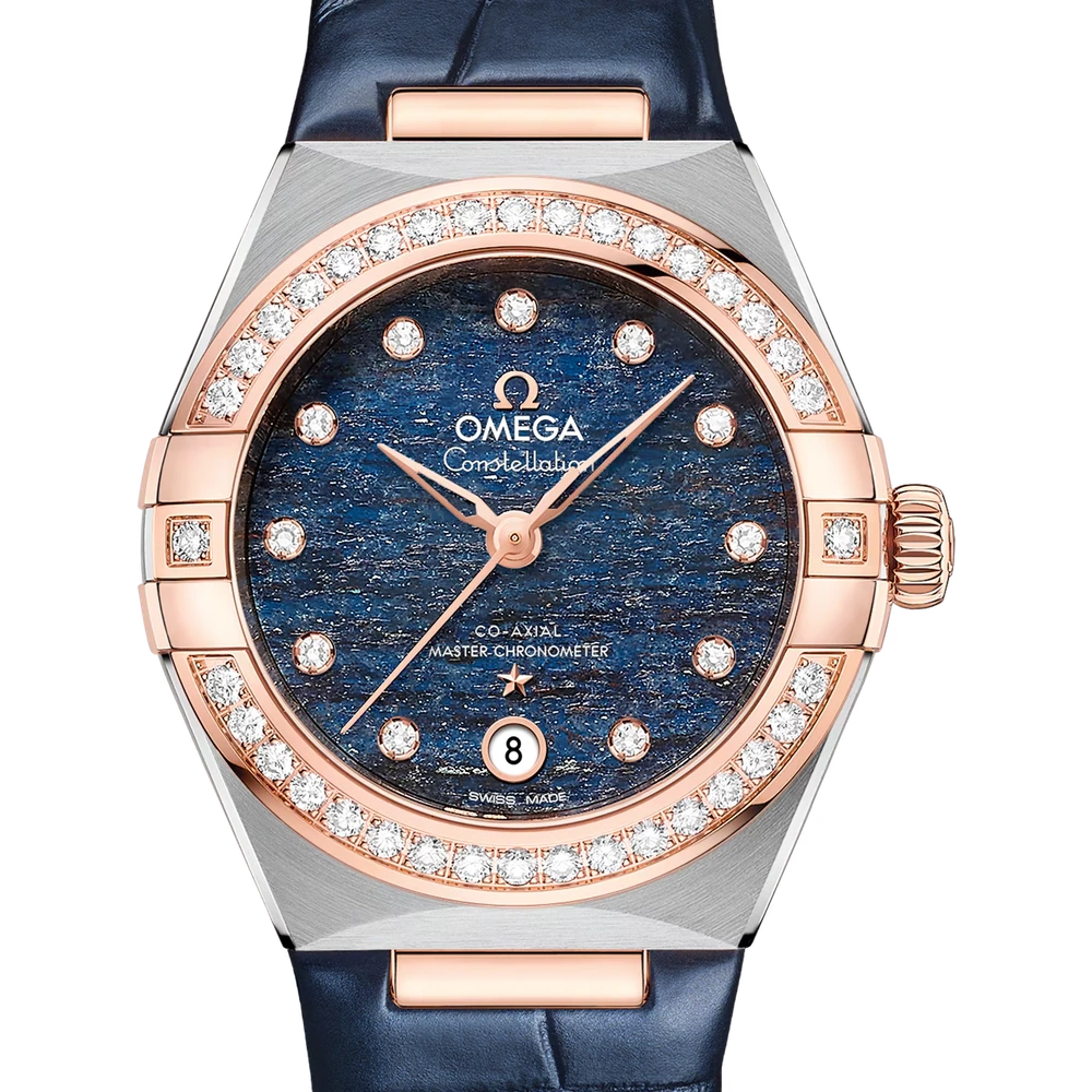 Omega 29 mm, steel - Sedna gold on leather strap
