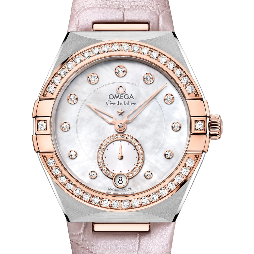 Omega 34 mm, steel - Sedna gold on leather strap