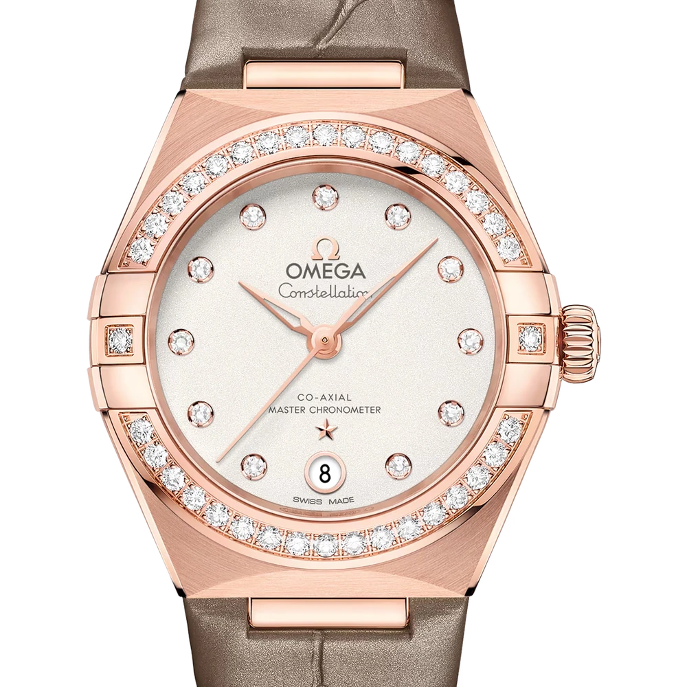 Omega 29 mm, Sedna gold on leather strap
