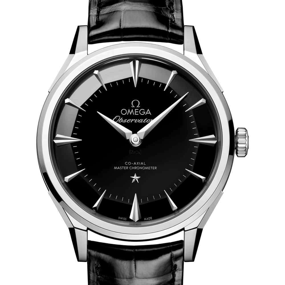 Omega 39.4 mm, O-MEGASTEEL on alligator