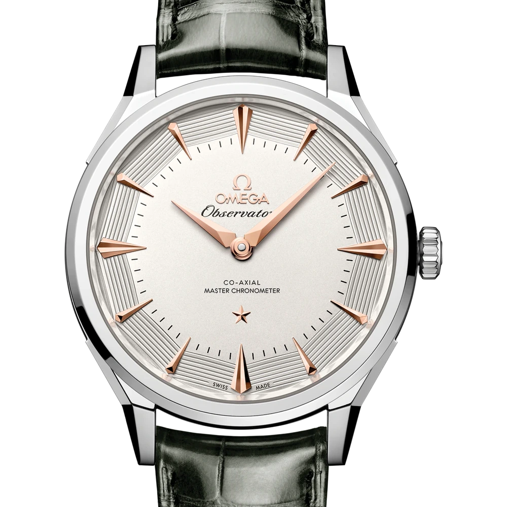Omega 39.4 mm, O-MEGASTEEL on alligator