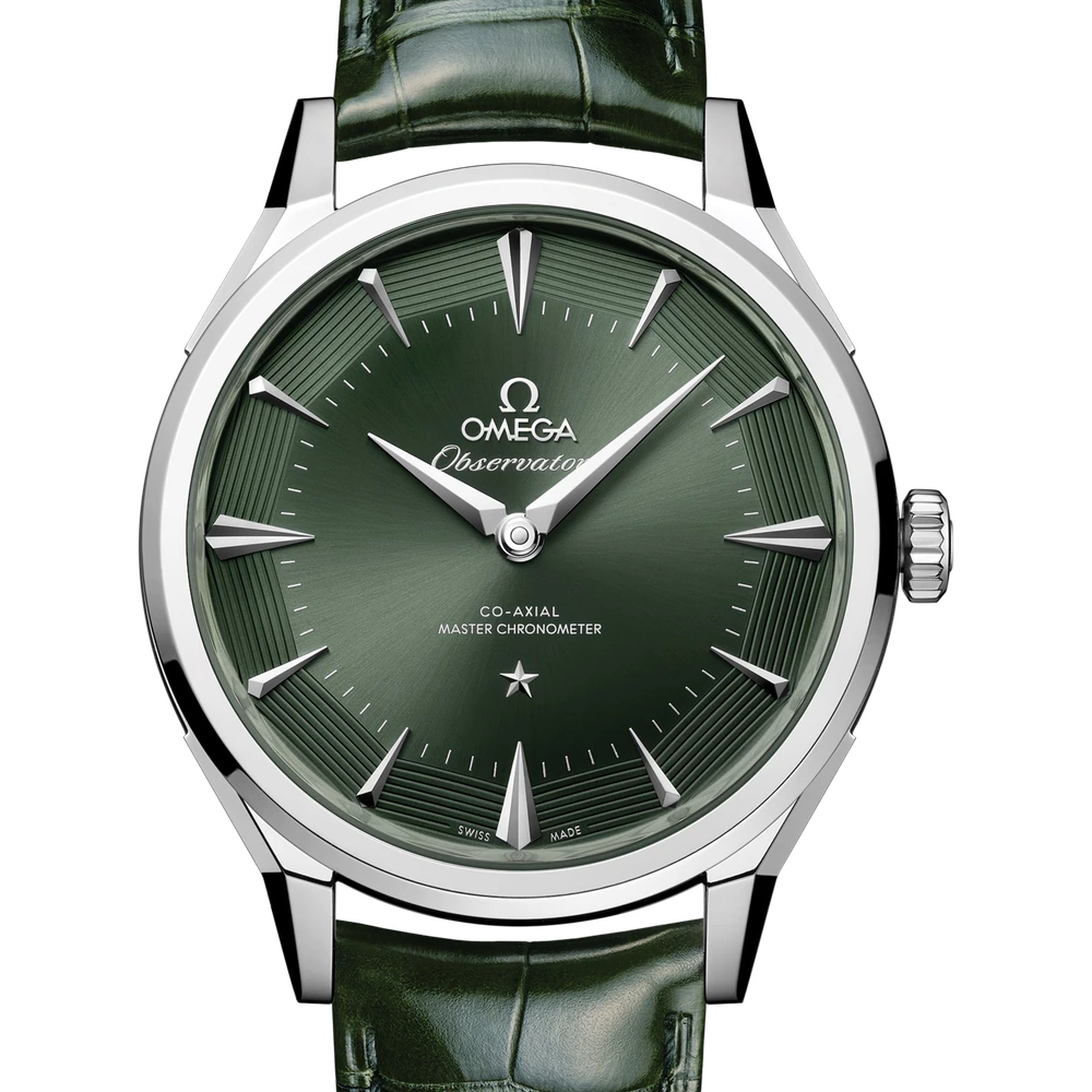Omega 39.4 mm, O-MEGASTEEL on alligator
