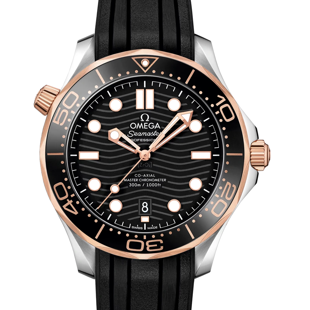 Omega 42 mm, steel - Sedna gold on rubber strap