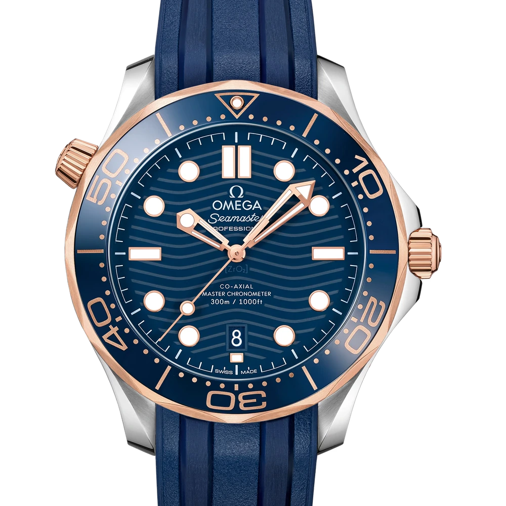 Omega 42 mm, steel - Sedna gold on rubber strap