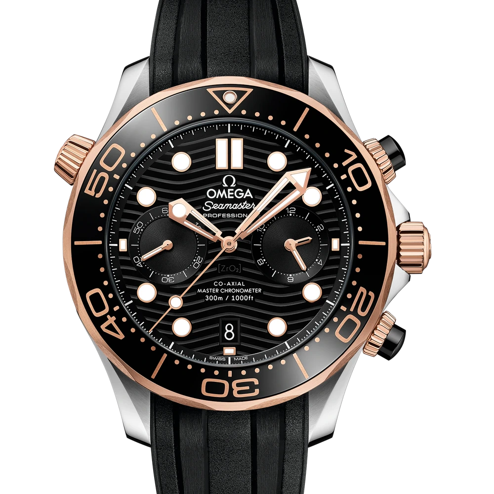 Omega 44 mm, steel - Sedna gold on rubber strap