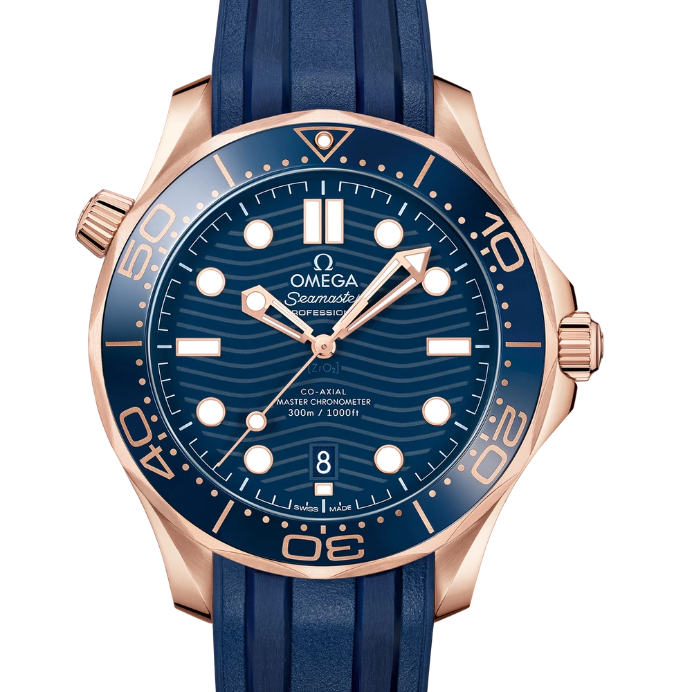 Omega 42 mm, Sedna gold on rubber strap
