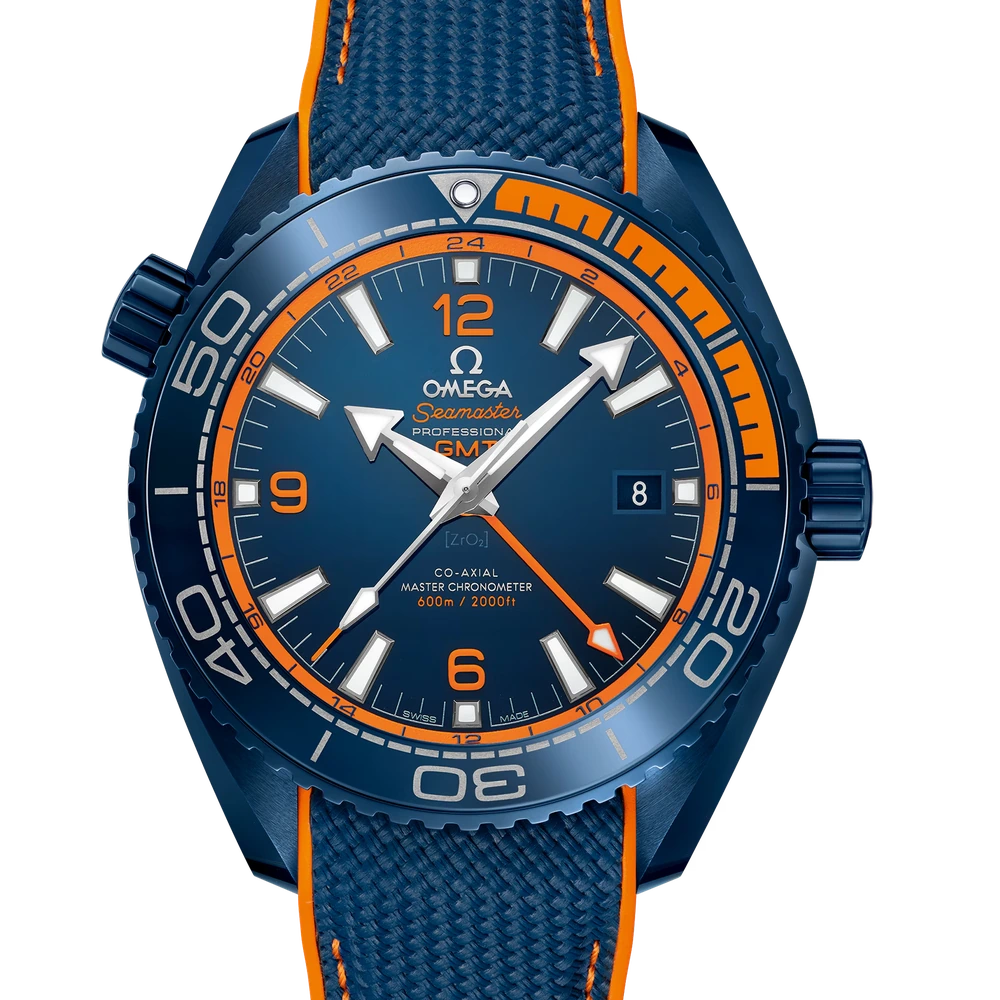 Omega 45.5 mm, blue ceramic on rubber strap