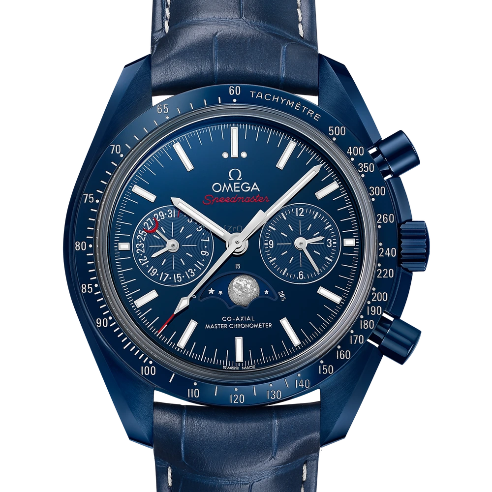 Omega 44.25 mm, blue ceramic on leather strap