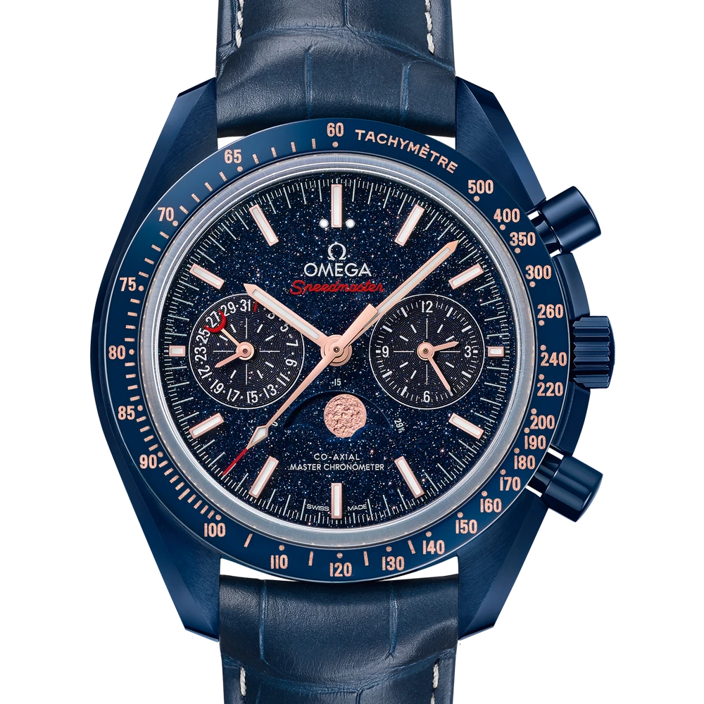Omega 44.25 mm, blue ceramic on leather strap