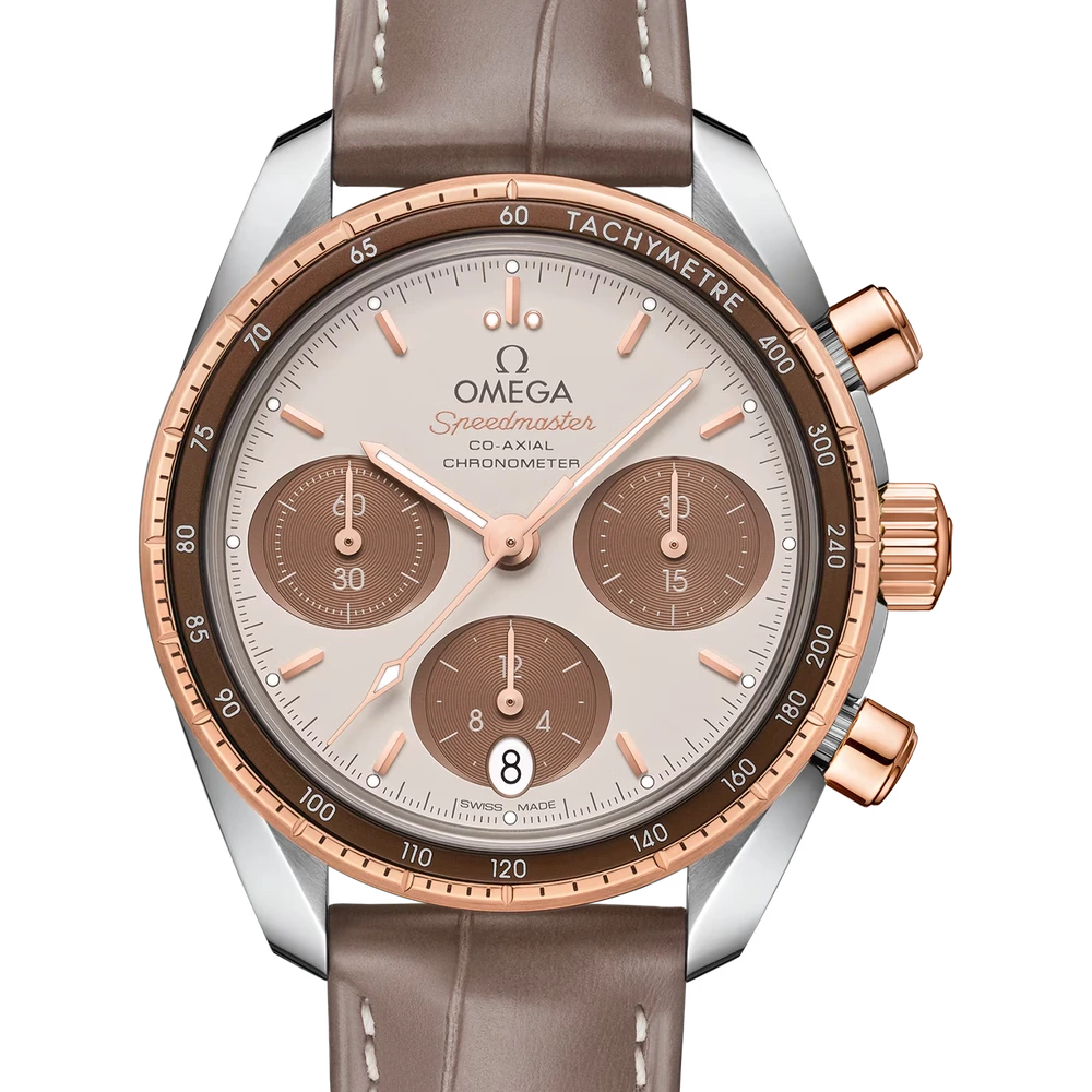 Omega 38 mm, steel - Sedna gold on leather strap