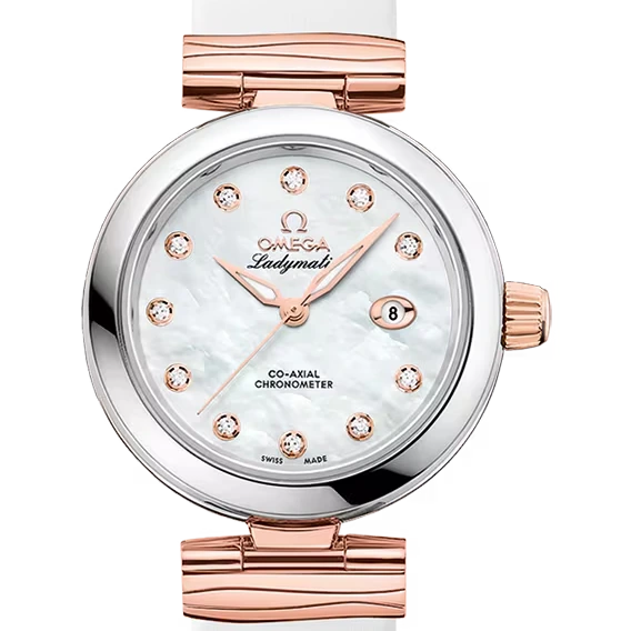 Omega 34 mm, steel - Sedna gold on leather strap