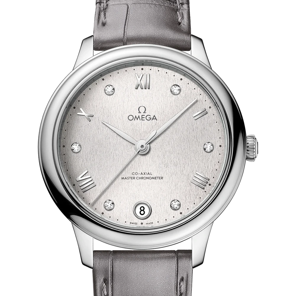 Omega 34 mm, steel on leather strap