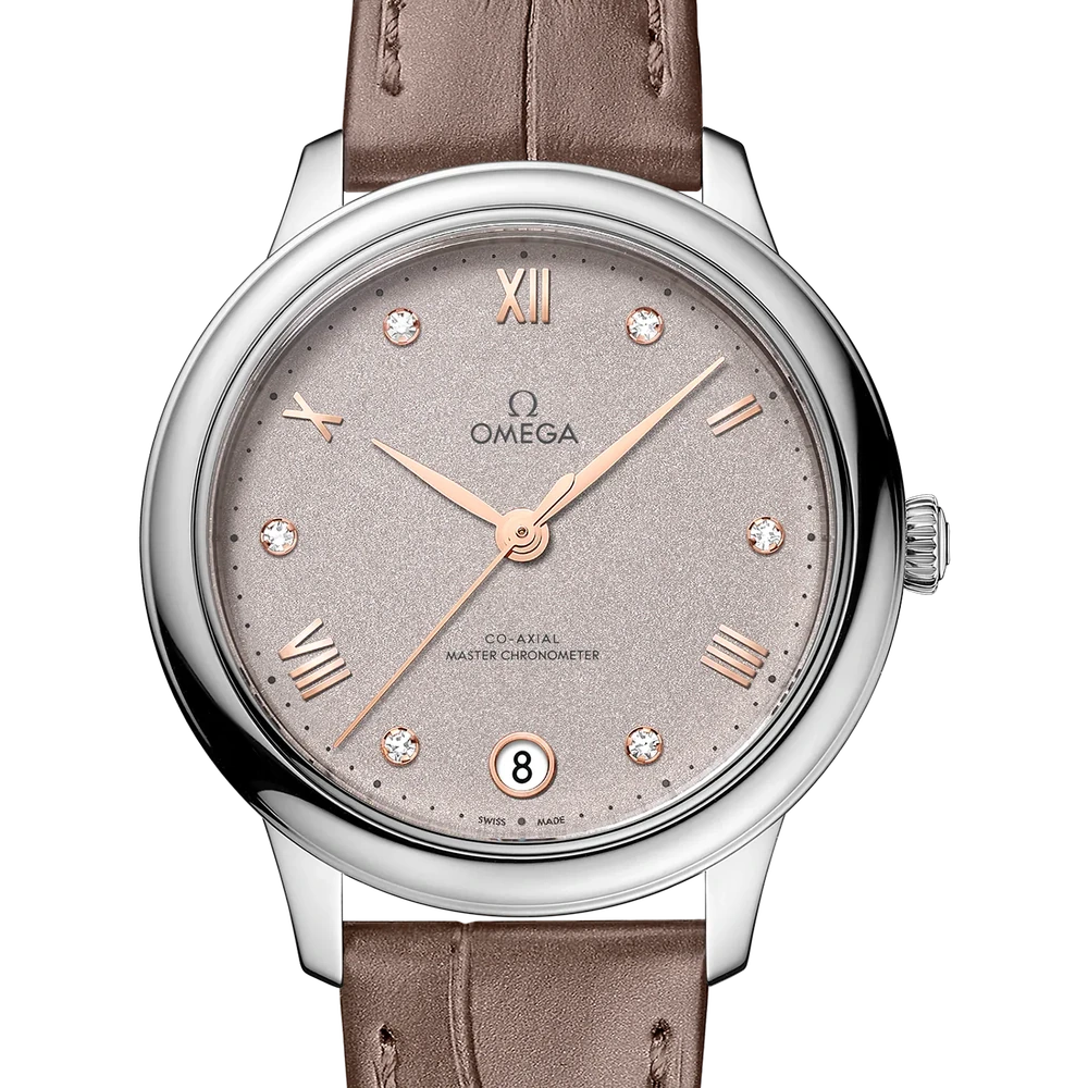 Omega 34 mm, steel on leather strap