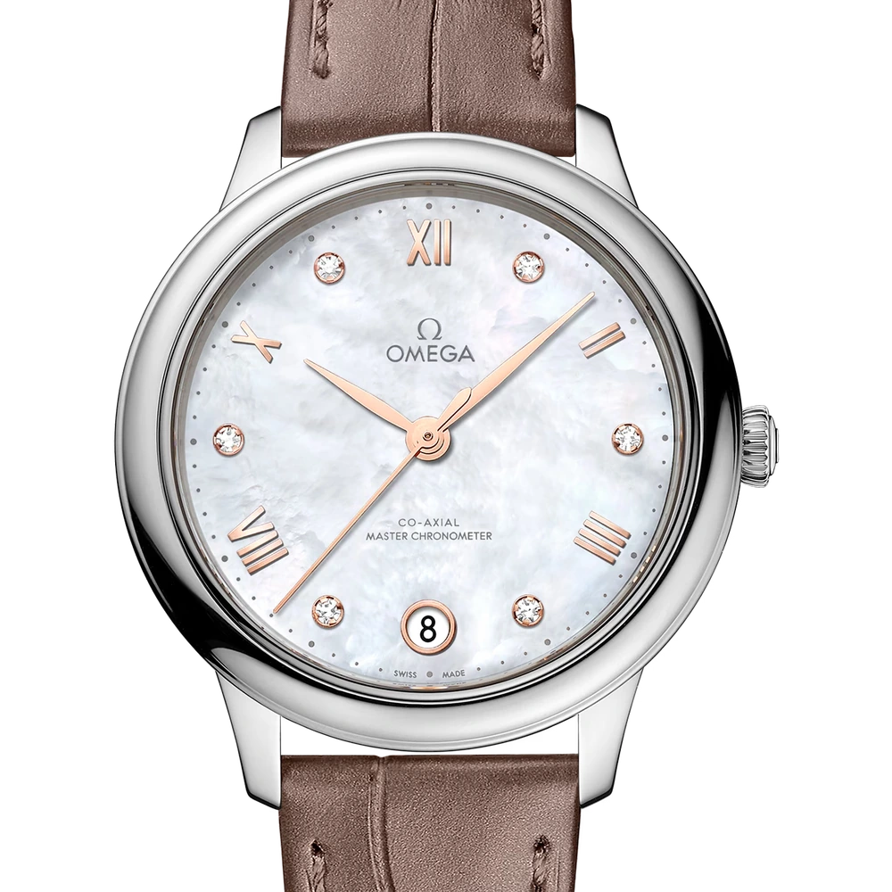Omega 34 mm, steel on leather strap