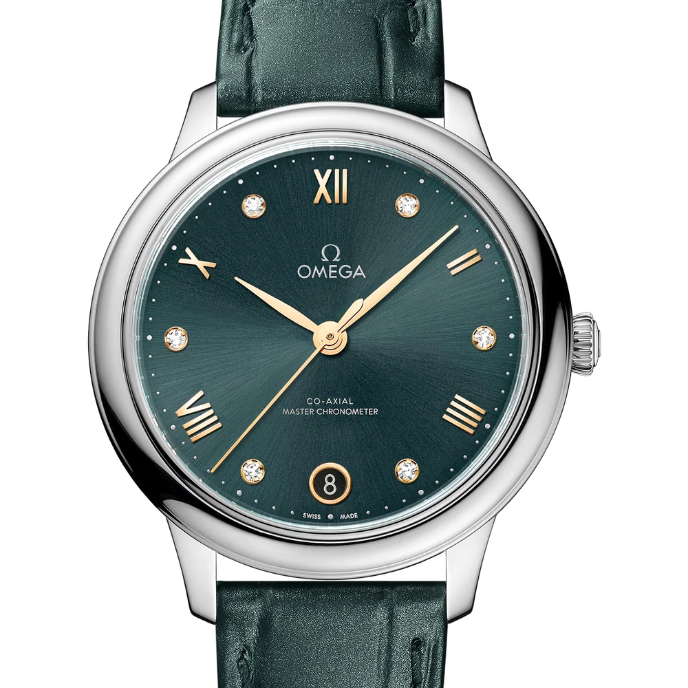 Omega 34 mm, steel on leather strap