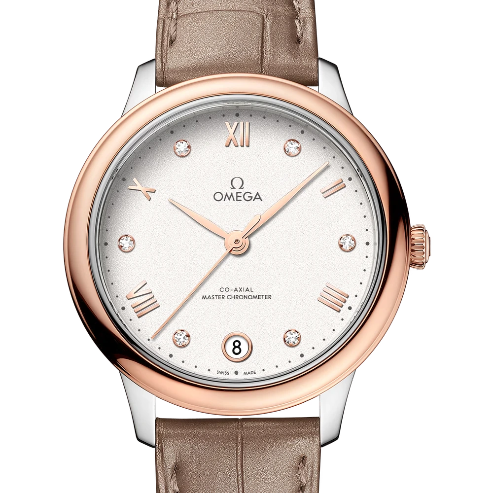 Omega 34 mm, steel - Sedna gold on leather strap