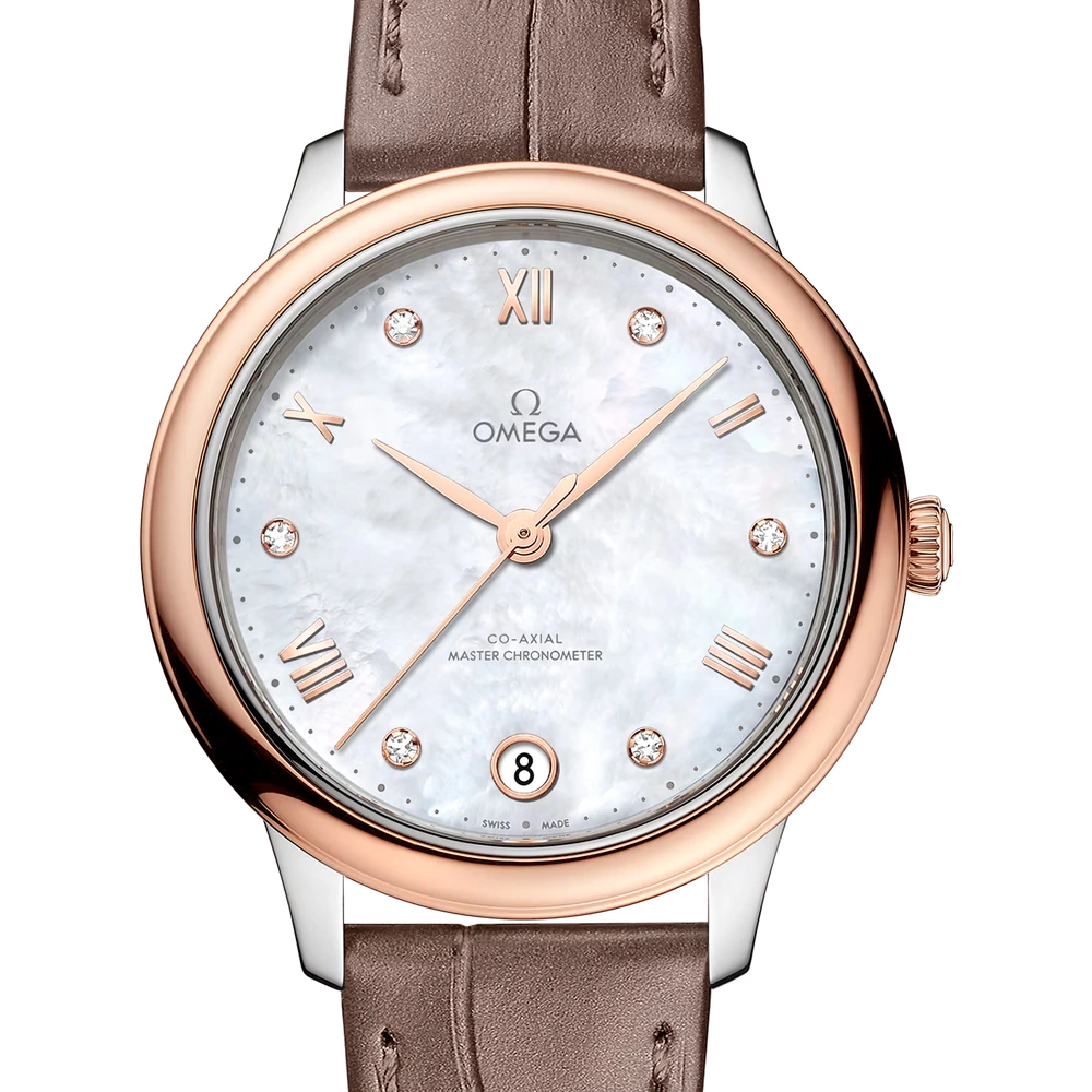 Omega 34 mm, steel - Sedna gold on leather strap