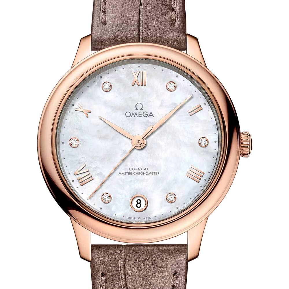 Omega 34 mm, Sedna gold on leather strap