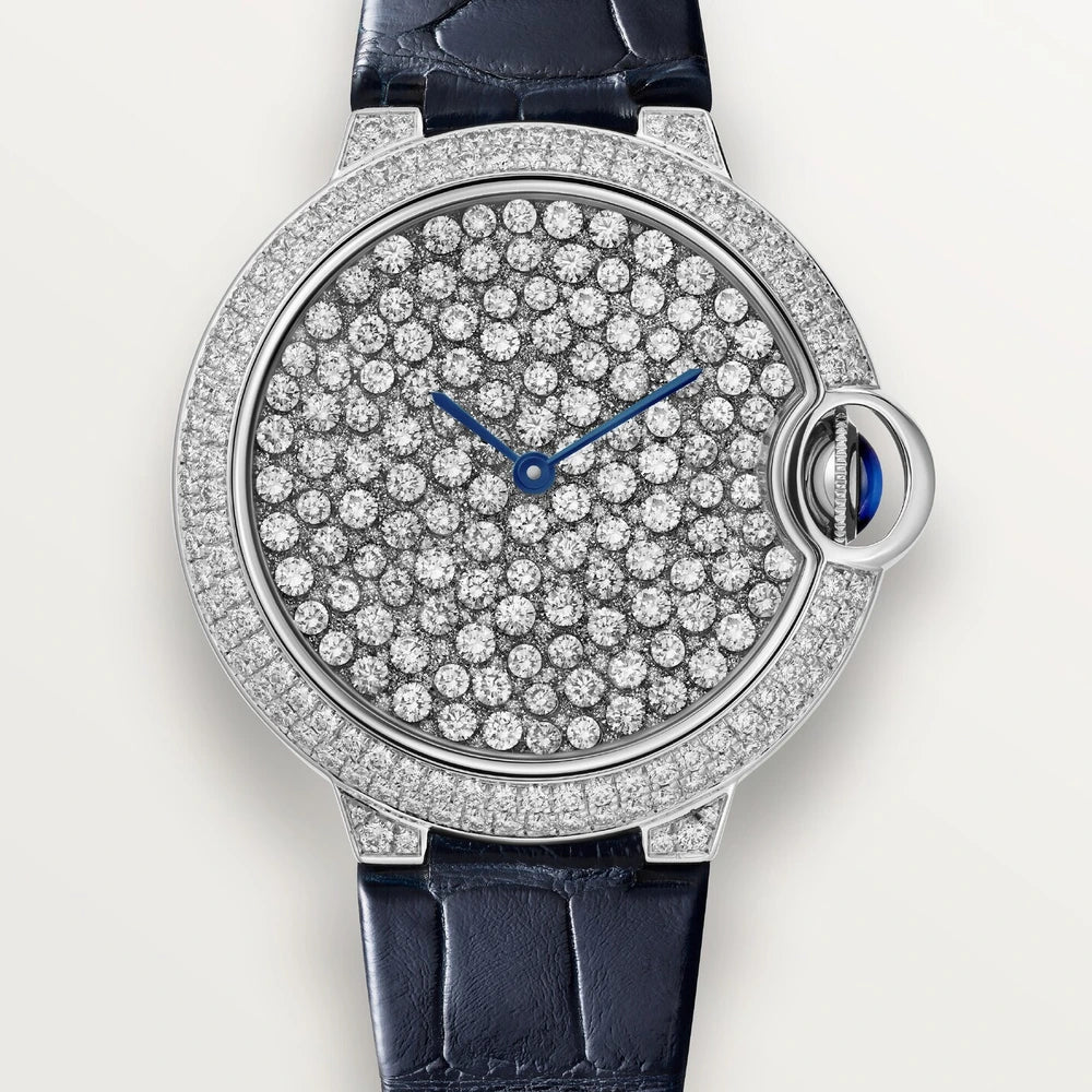 Cartier Ballon Bleu de Cartier, 37 mm, automatic mechanical movement, white gold, diamonds, alligator-skin strap