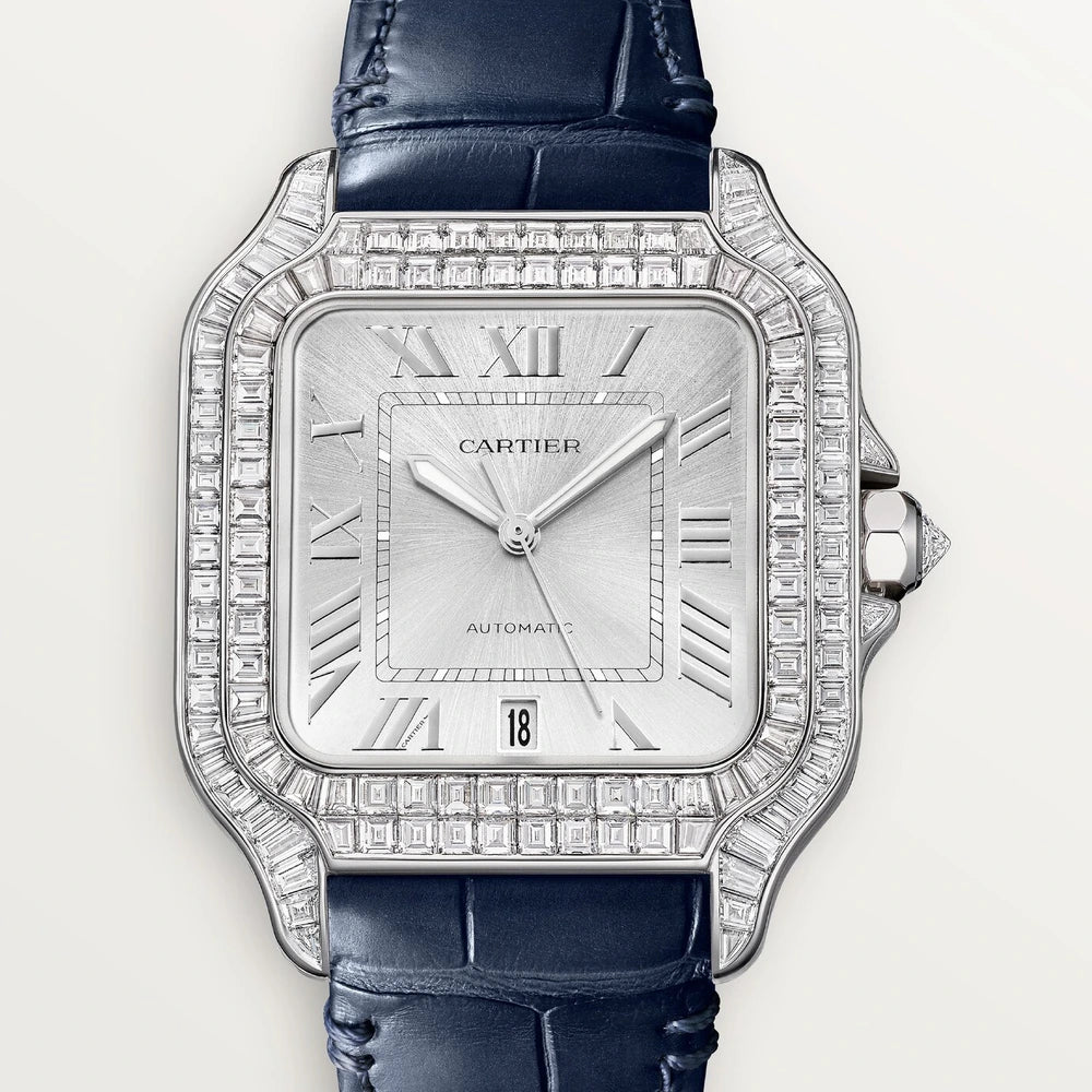 Cartier Santos de Cartier, large model, automatic movement, white gold, diamonds, 2 interchangeable leather bracelets