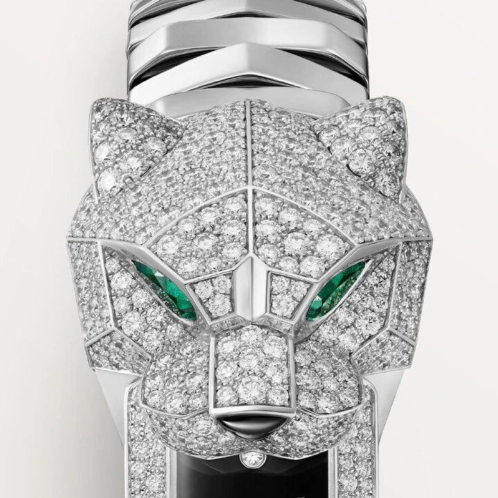 Cartier La Panthère de Cartier, quartz movement, rhodium-finish white gold, emeralds, lacquer, diamonds