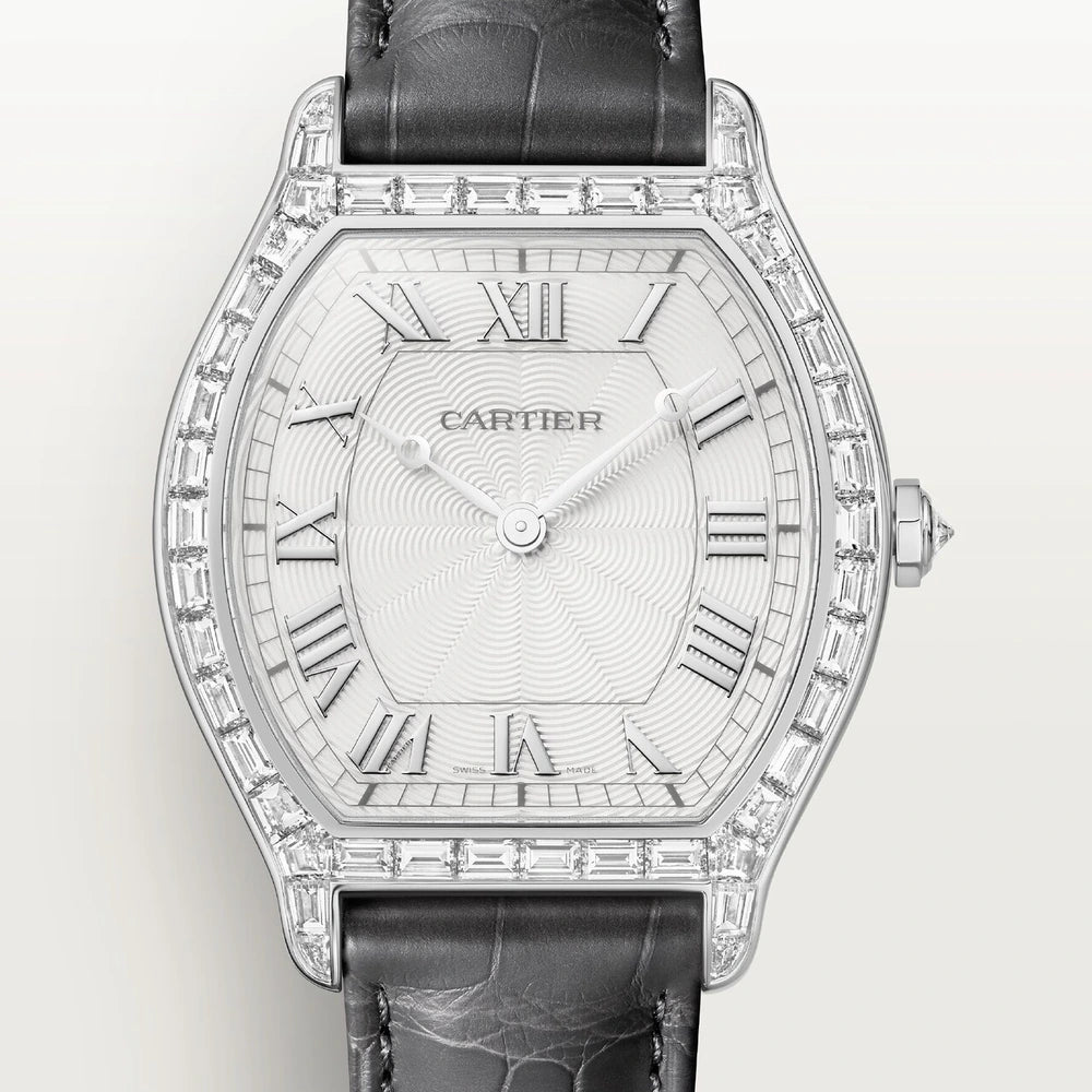 Cartier Tortue, large model, manual movement, platinum, leather