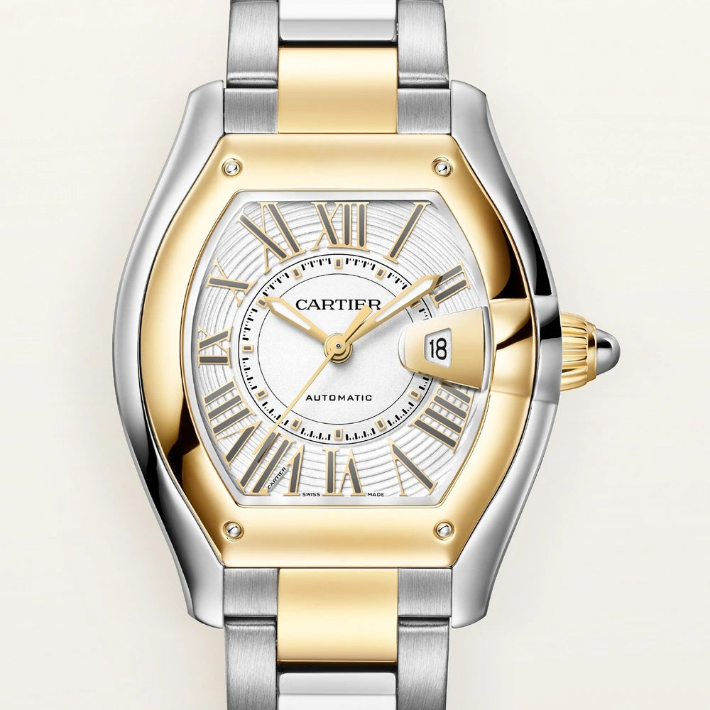 Cartier Roadster, medium model, automatic movement, yellow gold, steel, interchangeable metal bracelet and leather straps
