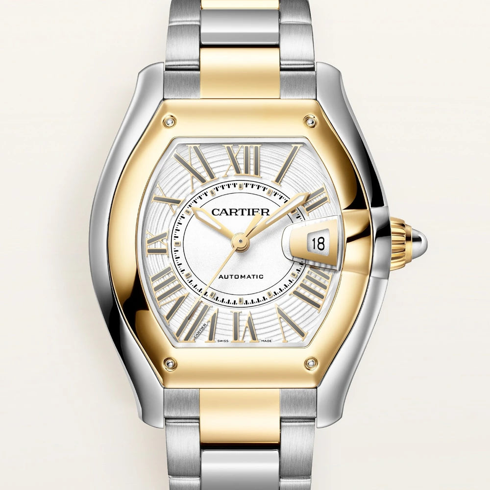 Cartier Roadster, large model, automatic movement, yellow gold, steel, interchangeable metal bracelet and leather straps