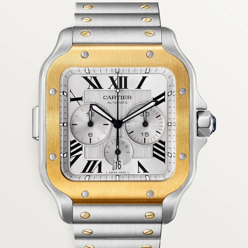 Cartier Santos de Cartier Chronograph, extra-large model, automatic movement, yellow gold, steel, interchangeable metal and rubber bracelets