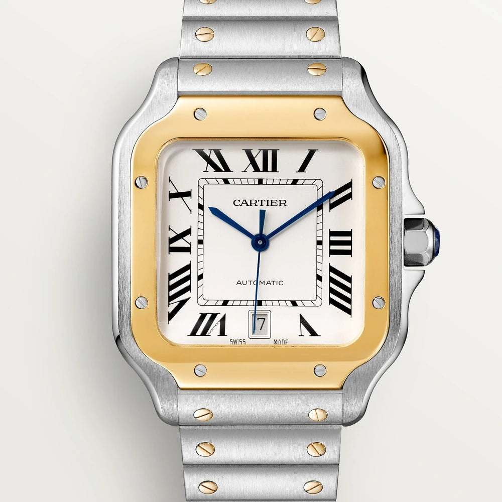 Cartier Santos de Cartier, large model, automatic movement, yellow gold, steel, interchangeable metal and leather bracelets