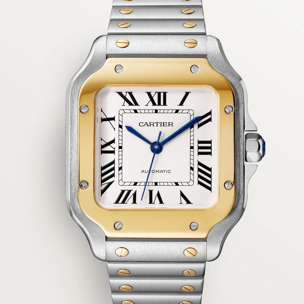 Cartier Santos de Cartier, medium model, automatic movement, yellow gold, steel, interchangeable metal and leather bracelets