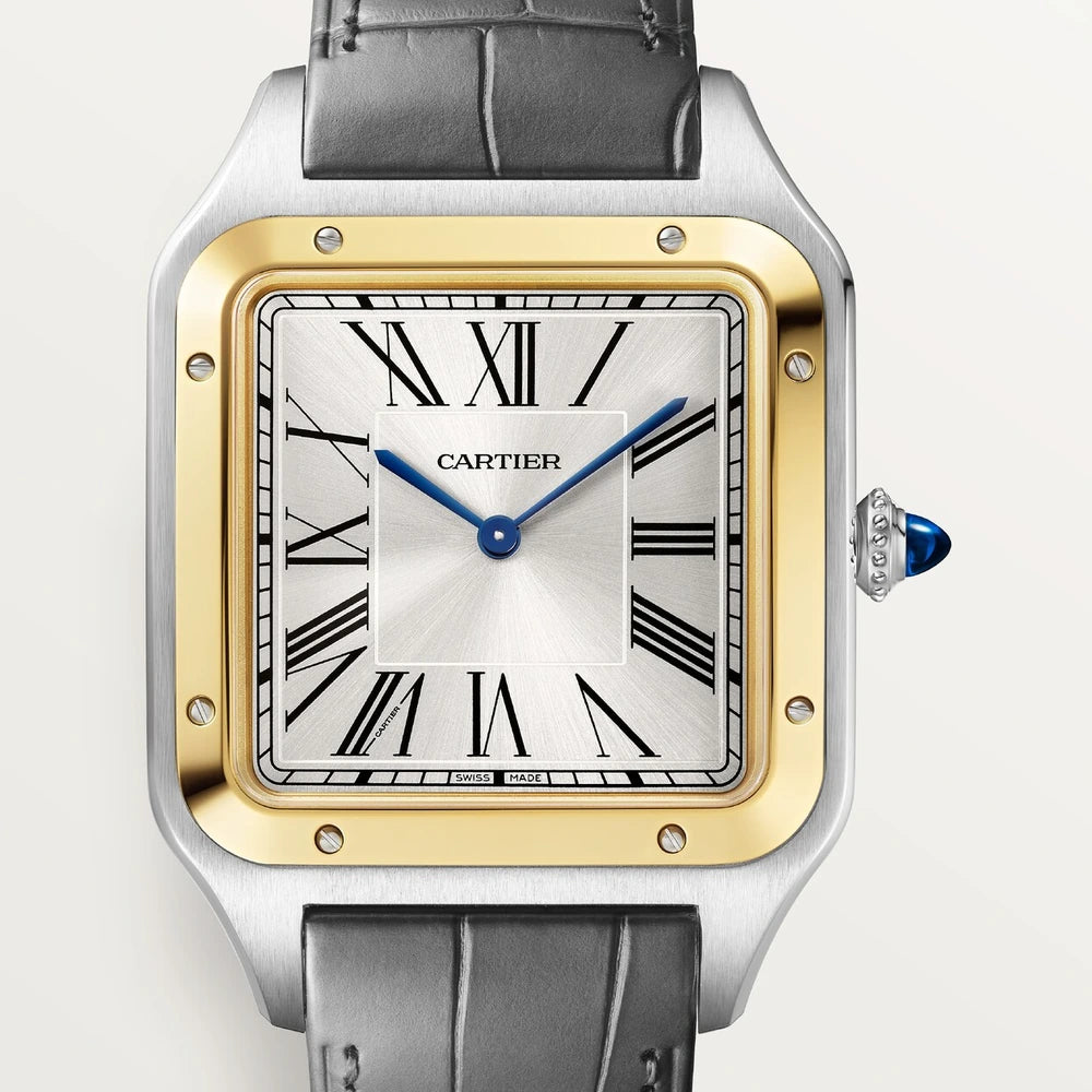 Cartier Santos-Dumont, extra-large model, manual mechanical movement, yellow gold, steel, leather