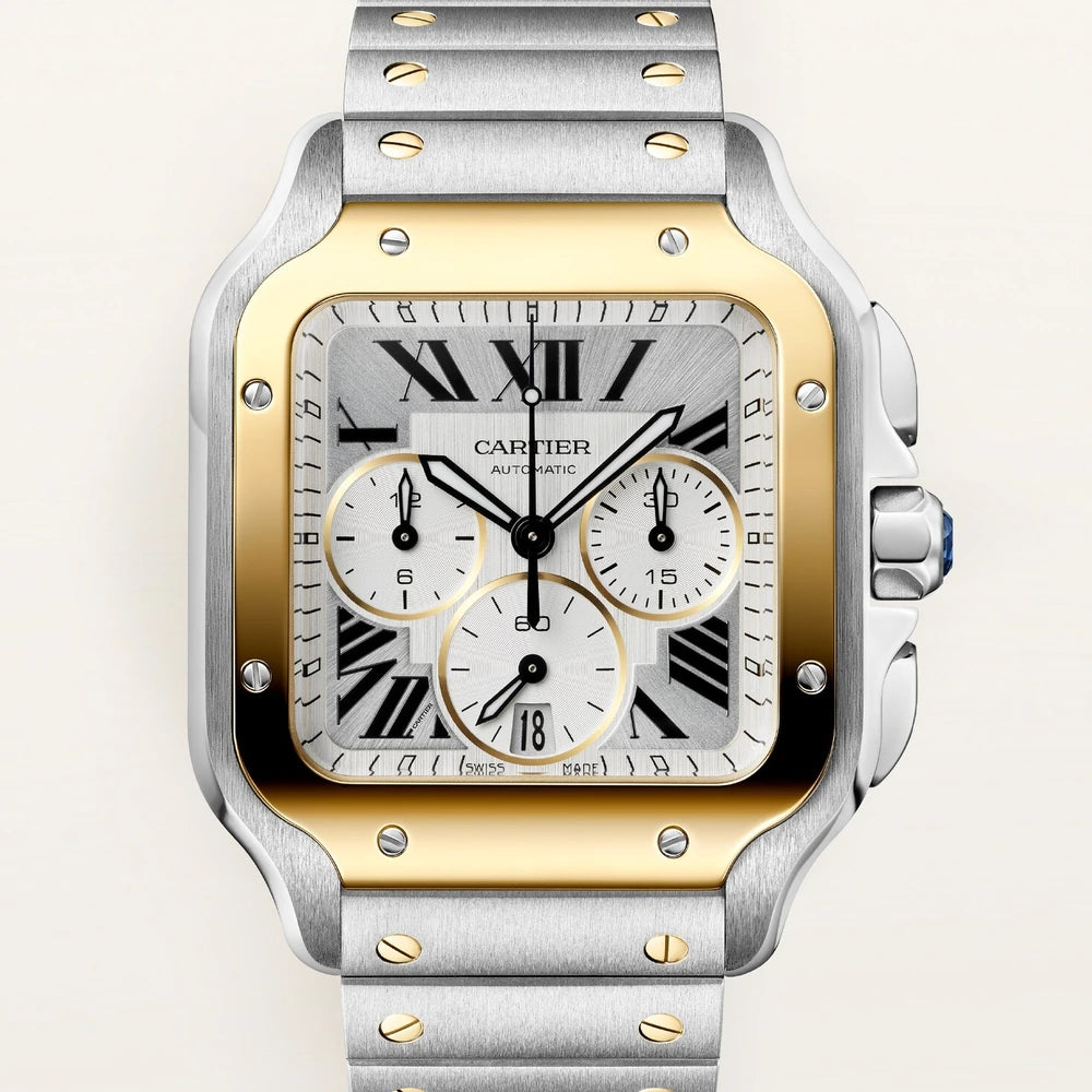 Cartier Santos de Cartier, large model, automatic movement, yellow gold, steel, interchangeable metal bracelet and rubber straps