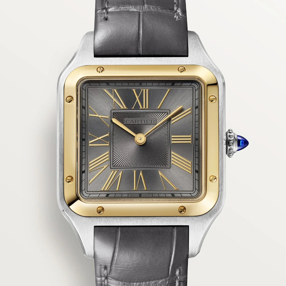 Cartier Santos-Dumont, large model, quartz movement, yellow gold, steel, leather