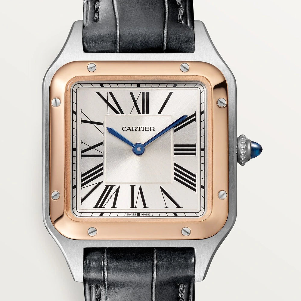 Cartier Santos-Dumont, small model, quartz movement, rose gold, steel, leather