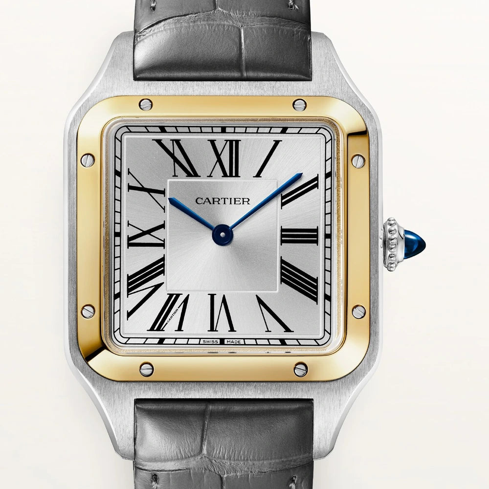 Cartier Santos-Dumont, large model, quartz movement, yellow gold, steel, leather