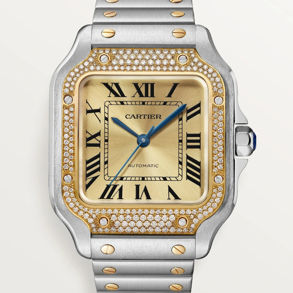 Cartier Santos de Cartier, medium model, automatic movement, yellow gold, steel, diamonds, interchangeable metal and leather bracelets