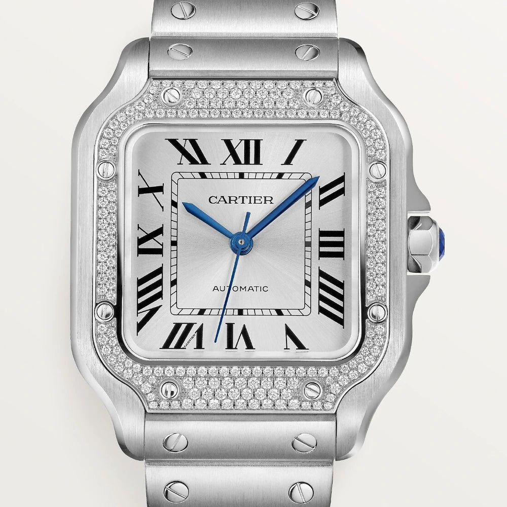 Cartier Santos de Cartier, medium model, automatic, steel, diamonds, interchangeable metal and leather bracelets