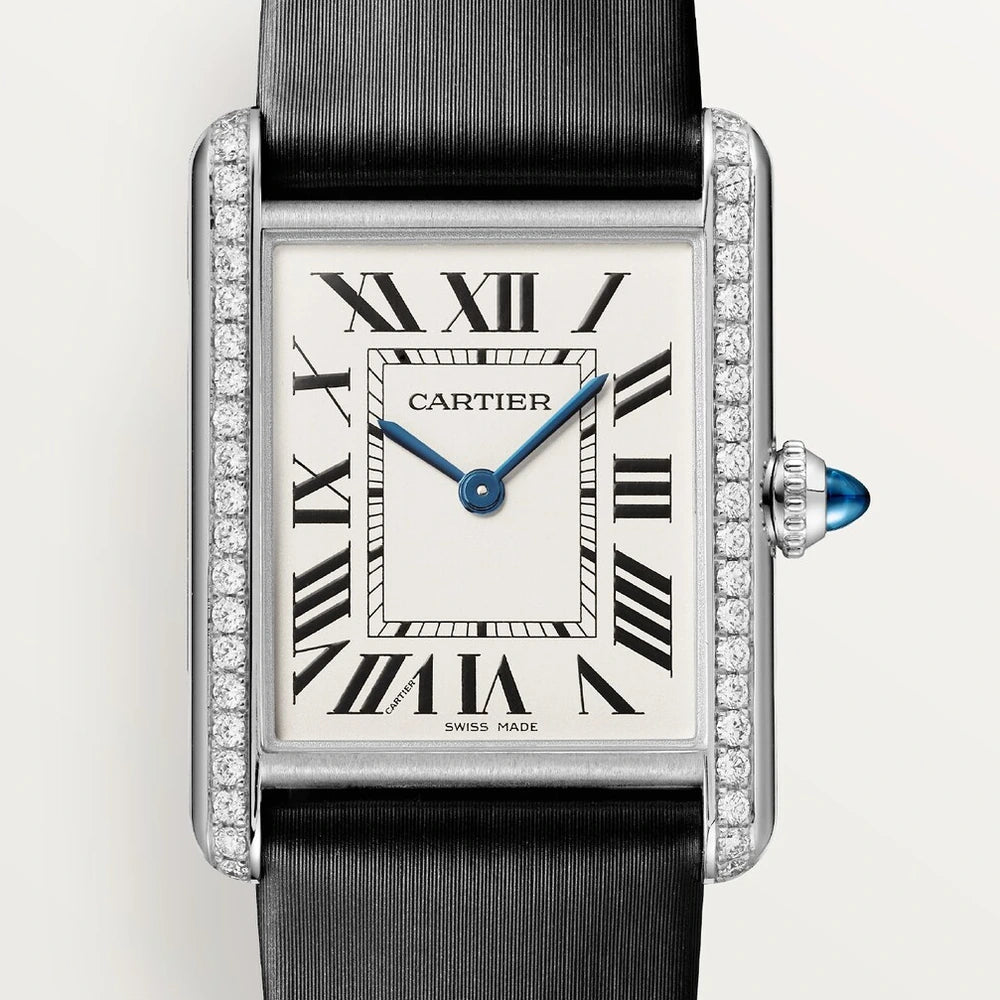 Cartier Tank Must de Cartier, large model, high autonomy quartz movement, steel, diamonds, leather