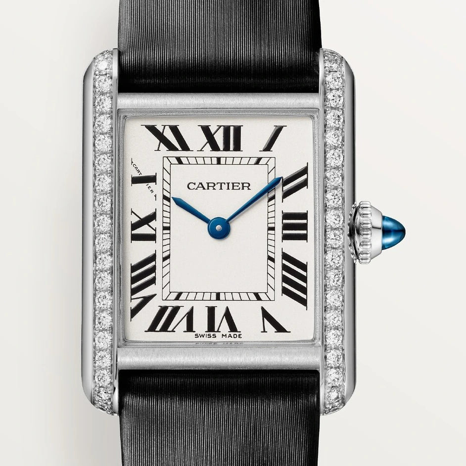 Cartier Tank Must de Cartier, small model, high autonomy quartz movement, steel, diamonds, leather