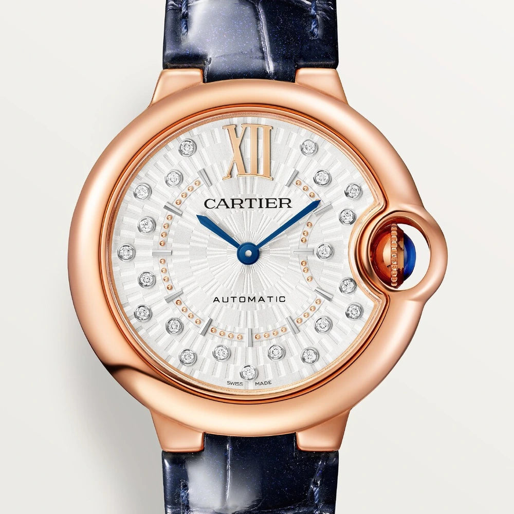Cartier Ballon Bleu de Cartier, 33 mm, automatic mechanical movement, rose gold, diamonds, leather.