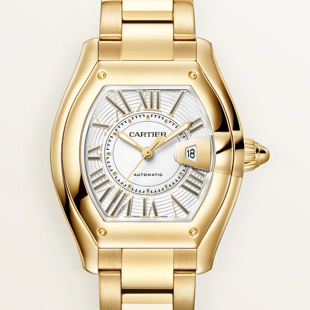 Cartier Roadster, medium model, automatic movement, yellow gold, interchangeable metal bracelet and leather straps
