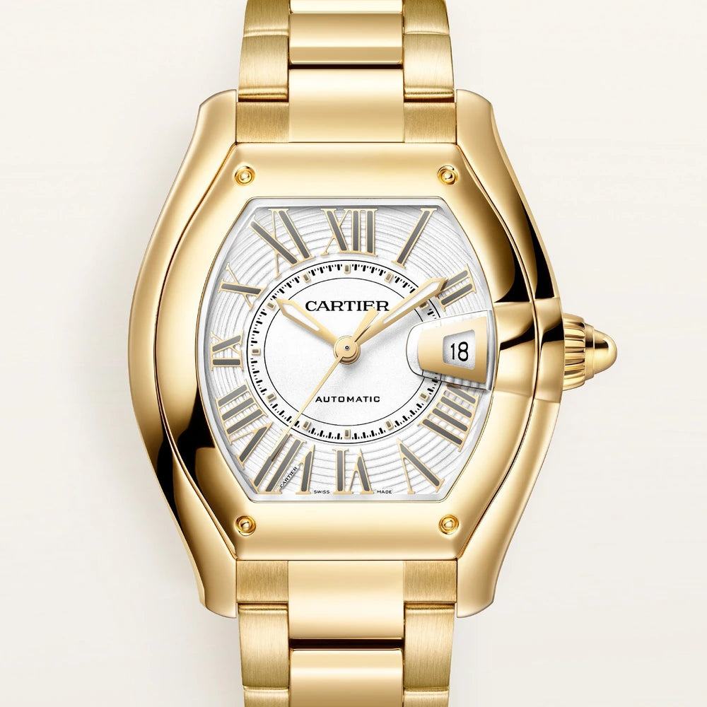 Cartier Roadster, large model, automatic movement, yellow gold, interchangeable metal bracelet and leather straps
