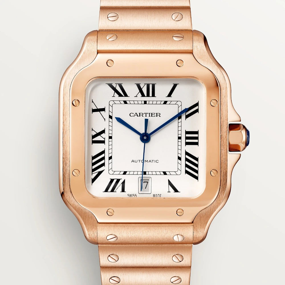 Cartier Santos de Cartier, large model, automatic movement, rose gold, interchangeable metal and leather bracelets