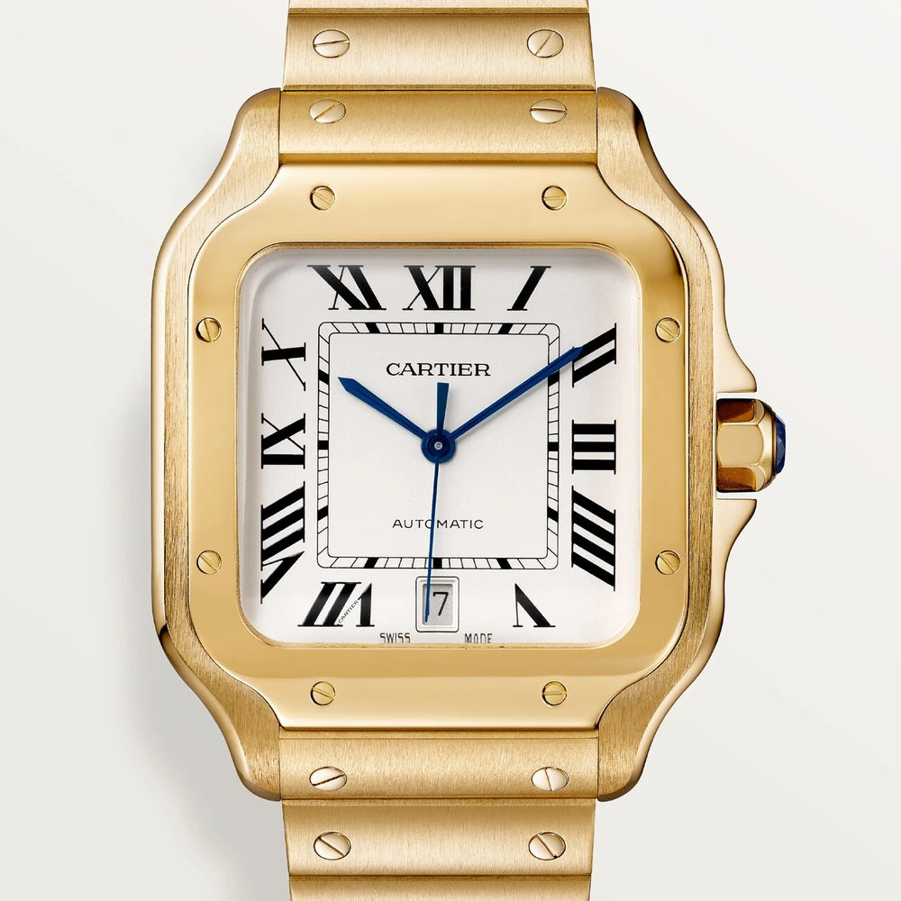 Cartier Santos de Cartier, large model, automatic movement, yellow gold, interchangeable metal and leather bracelets